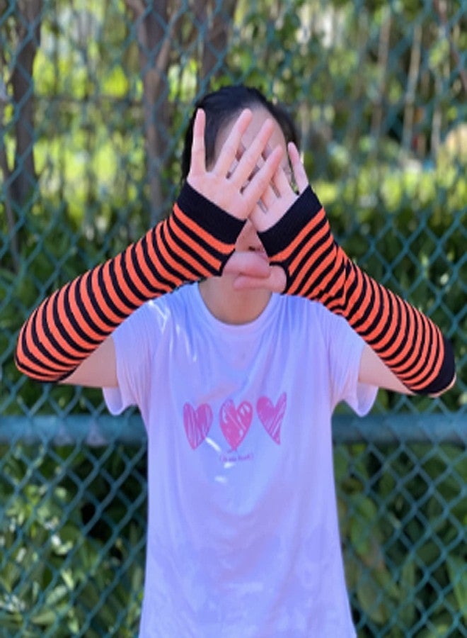 SYAYA Women Striped Long Fingerless Gloves, Winter Knitted Arm Warmers For Punk Rock/Cosplay/Goth/Christmas Party WM-S-G5 (White with Red Striped) - Image 4